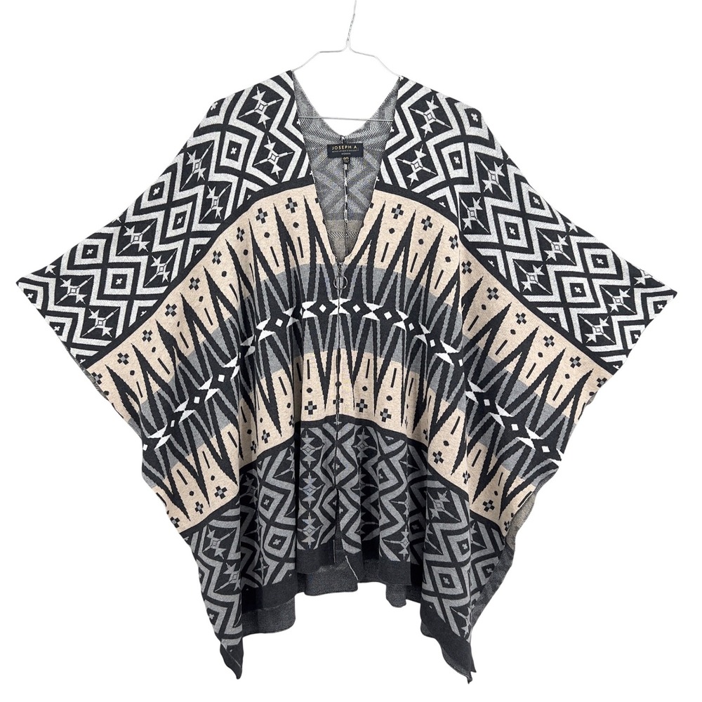 Joseph A Womens OS Poncho Sweater Black Gray Aztec Coastal Cowgirl Southwestern